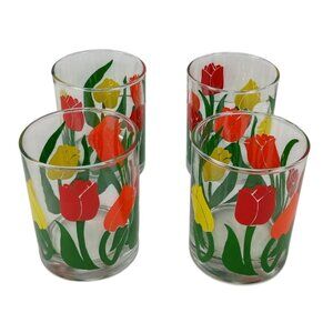 Set Of 4 Vtg Retro Anchor Hocking Lowball Rocks Glasses with Multicolor Tulip